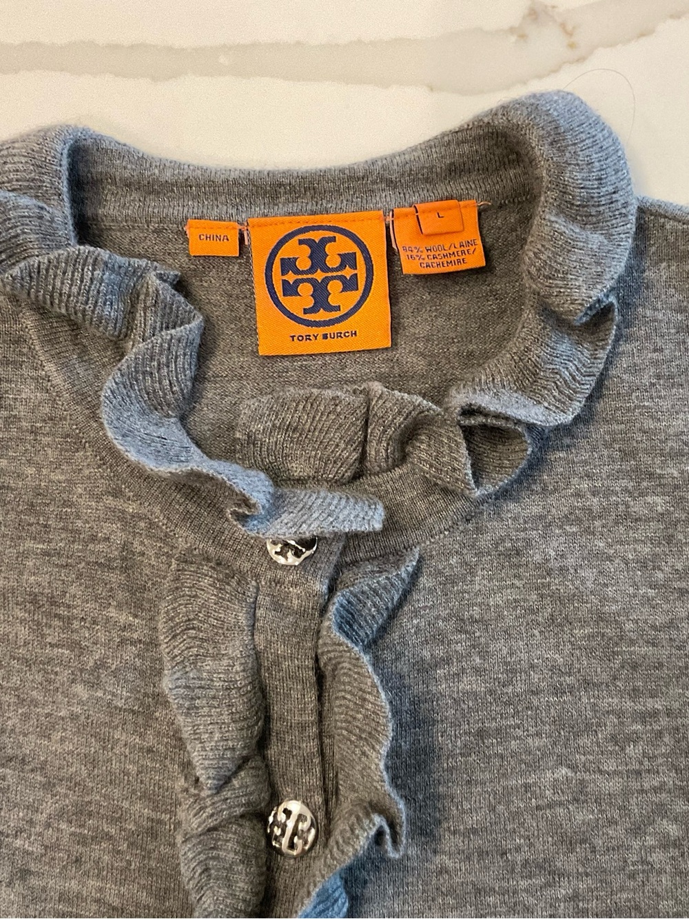 Tory Burch Light Gray Ruffle-Trim Wool-Cashmere Cardigan